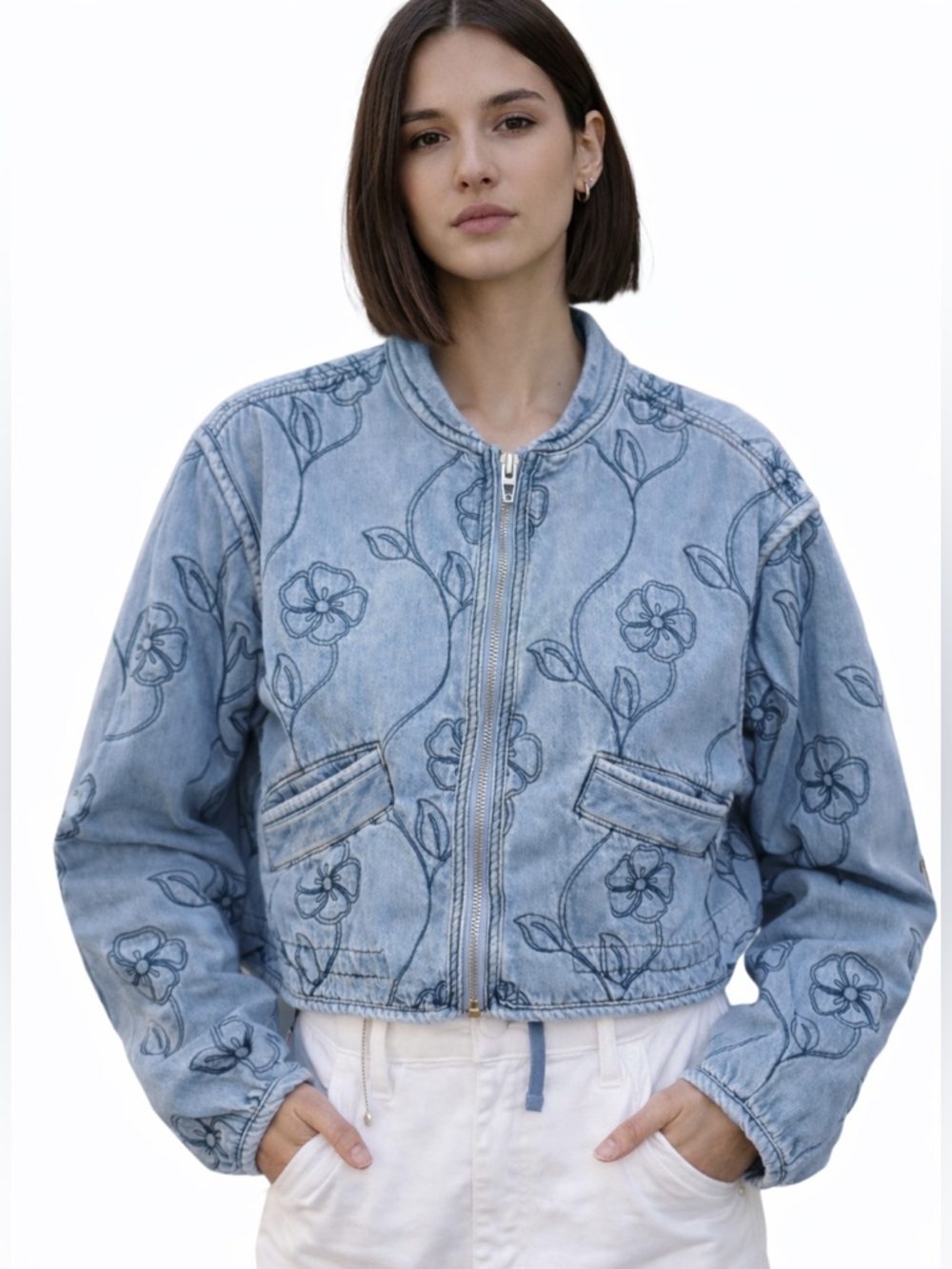 Blank NYC Light Blue Floral Embroidered Denim Bomber Jacket